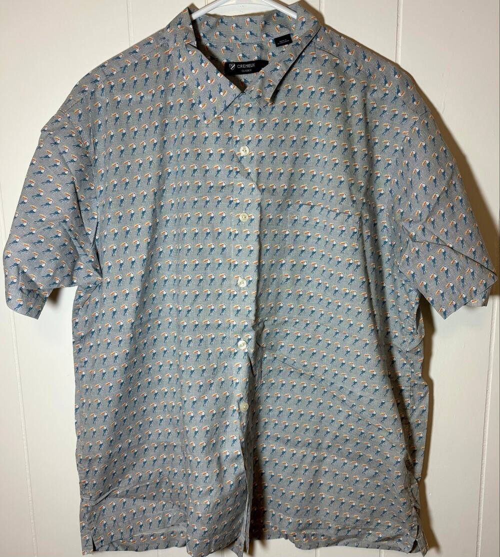 Cremieux Classics Toucan Print Short Sleeve Button Down Shirt Blue Gray Men's XL